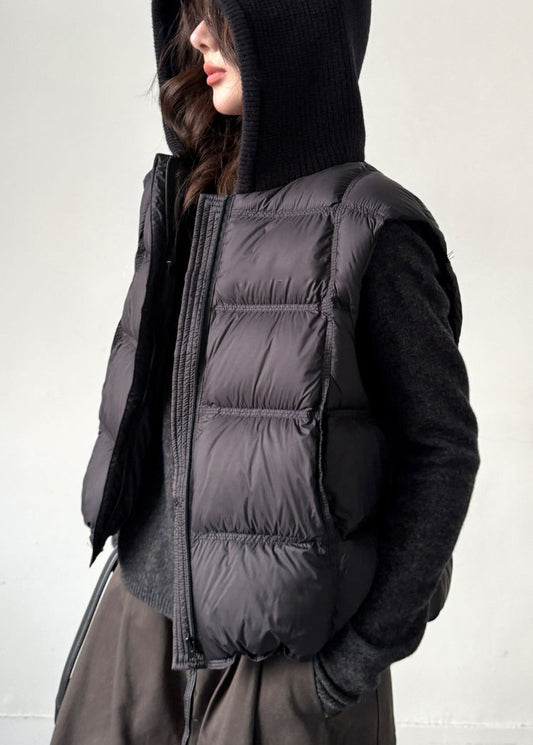 Black Zippered Pockets Knit Patchwork Duck Down Waistcoat Sleeveless