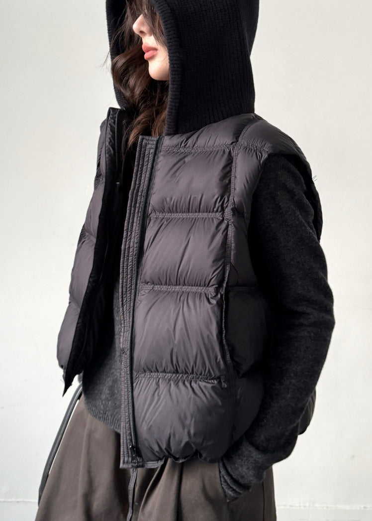 Black Zippered Pockets Knit Patchwork Duck Down Waistcoat Sleeveless