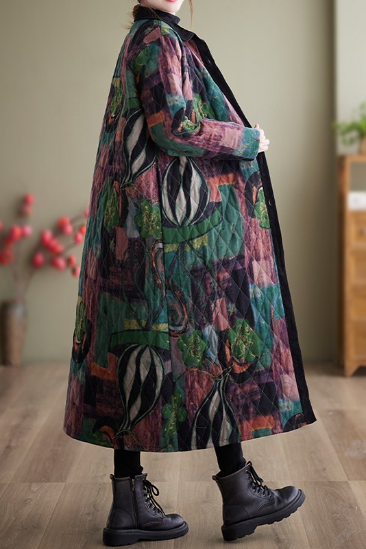 Winter Print Long Coat Warm Cotton Clothes