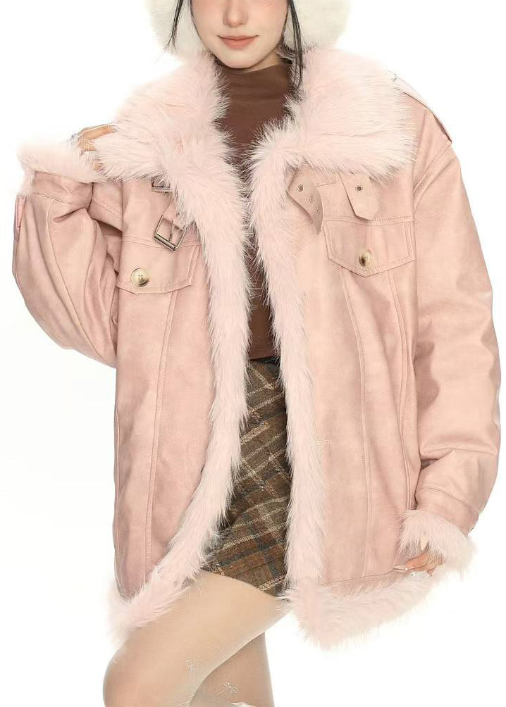 Pink Oversized Patchwork Warm Faux Leather Coat Winter