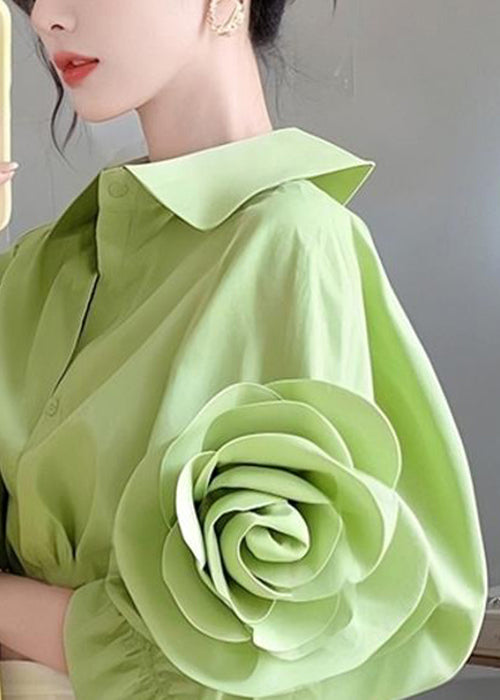 Green Peter Pan Collar Button Cotton Blouses Half Sleeve