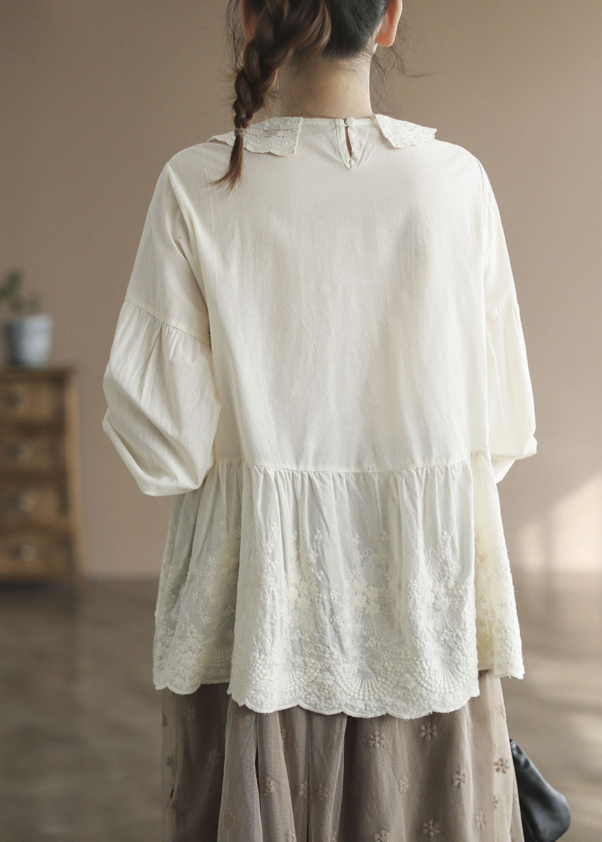 Apricot Peter Pan Collar Embroidered Cotton Shirt Tops Spring