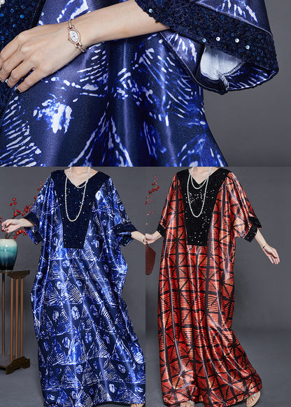 Navy Sequins Print Silk Long Dress Batwing Sleeve