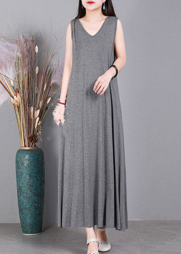 Loose Grey V Neck Cotton Cardigans and Dress Two Pieces Set Summer