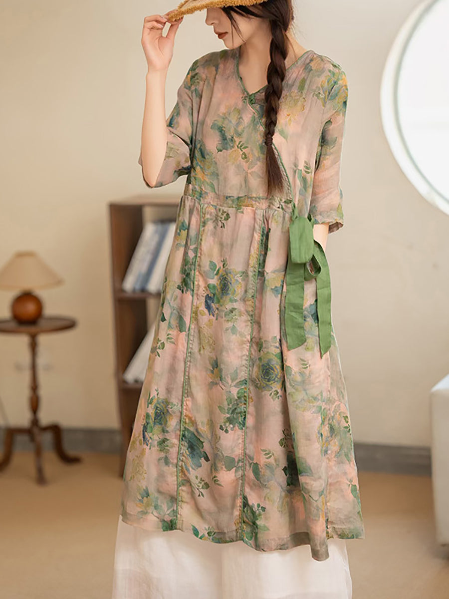 Summer Flower Strap V-neck Ramie Dress