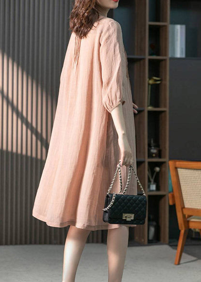 Pink Stand Collar Button Wrinkled Linen Dress Half Sleeve