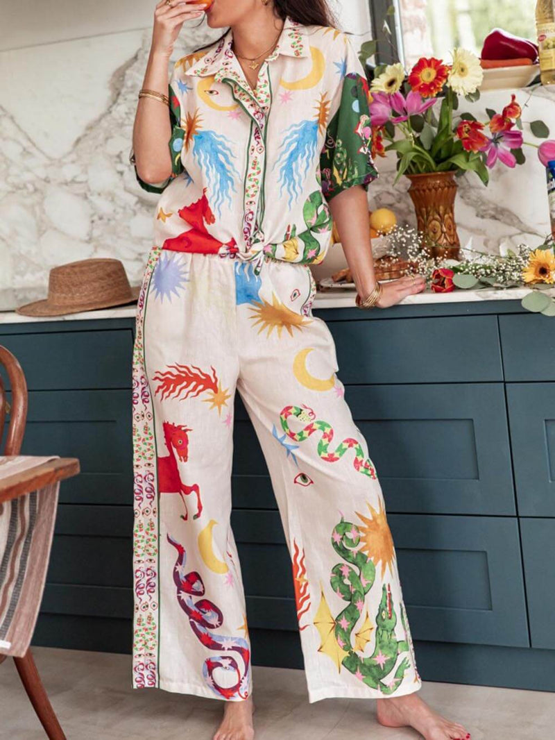 Short Sleeve Unique Print Loose Shirt and Elastic Waist Pants Set