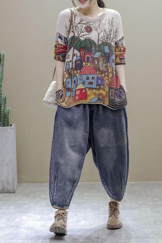 Split Hem Printed Half Sleeve Knitted T-shirt