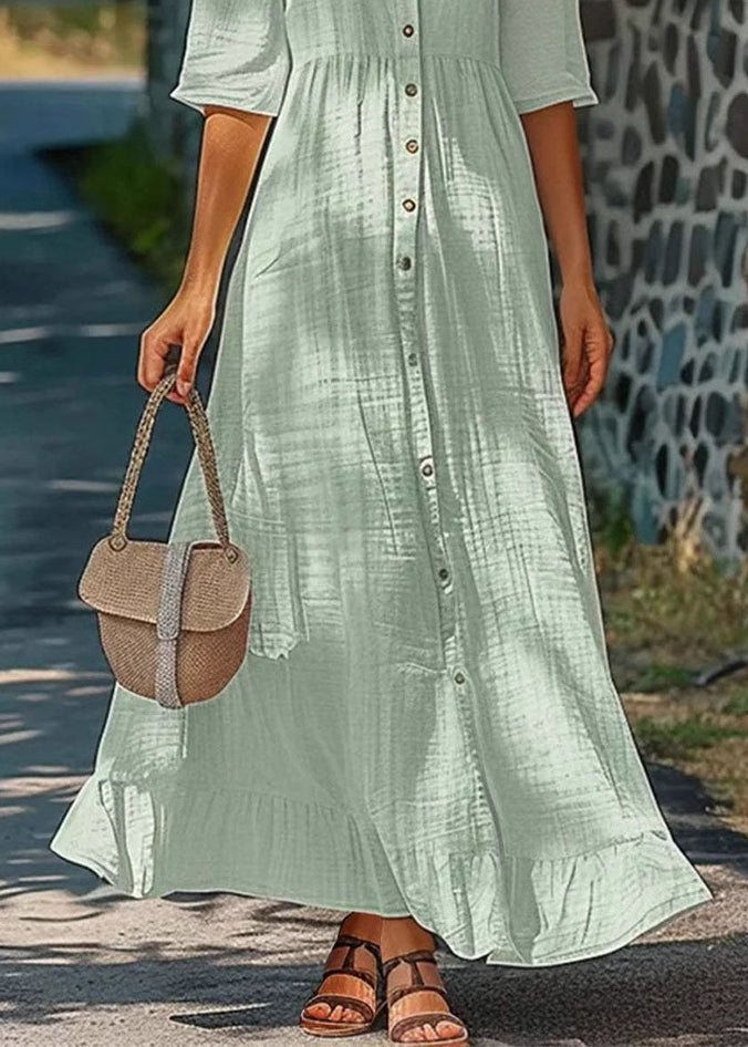 Simple Green Button Cotton Shirts Dresses Half Sleeve