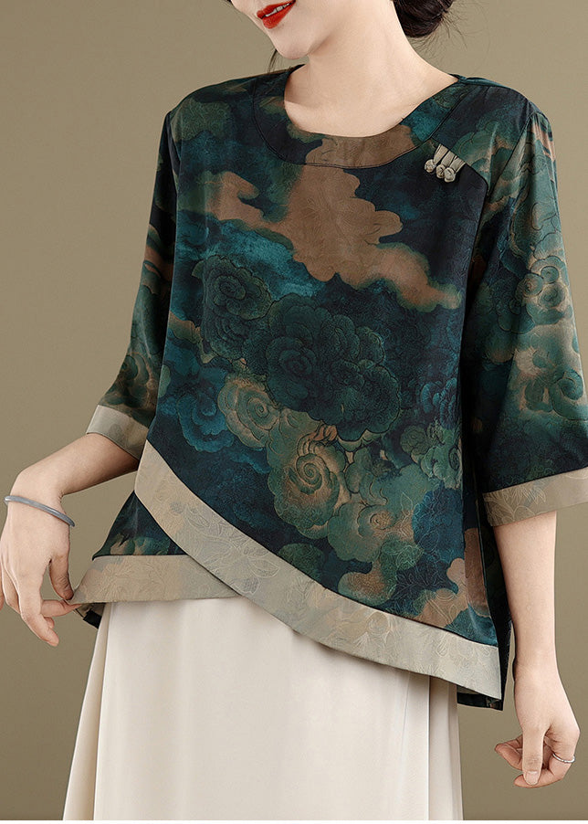 Green Asymmetrical Print Silk Blouses Half Sleeve