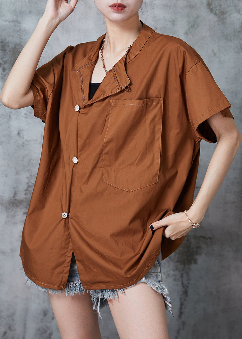 Unique Caramel Asymmetrical Oversized Cotton Shirt Tops Summer