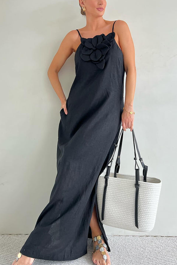 Vacay Ready Linen Blend Embellishment Pocketed Slit Maxi Dress