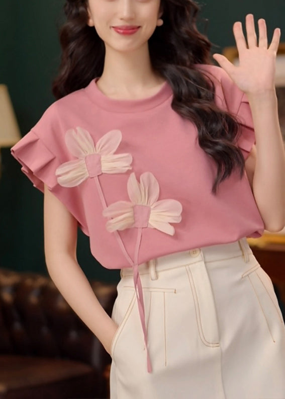 Pink O Neck Patchwork Cotton T Shirt Summer