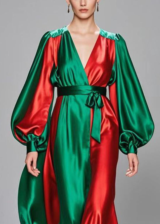 Diy Colorblock Cinched Patchwork Silk Long Dresses Lantern Sleeve