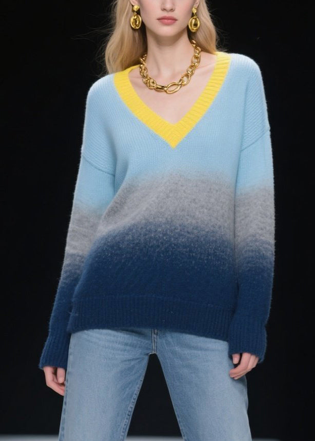 Mixed Color V Neck Warm Knitted Tops Winter