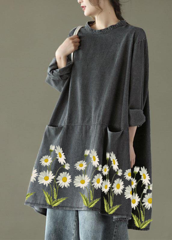 Black Grey O-neck Pockets Denim Long Dresses Long Sleeve