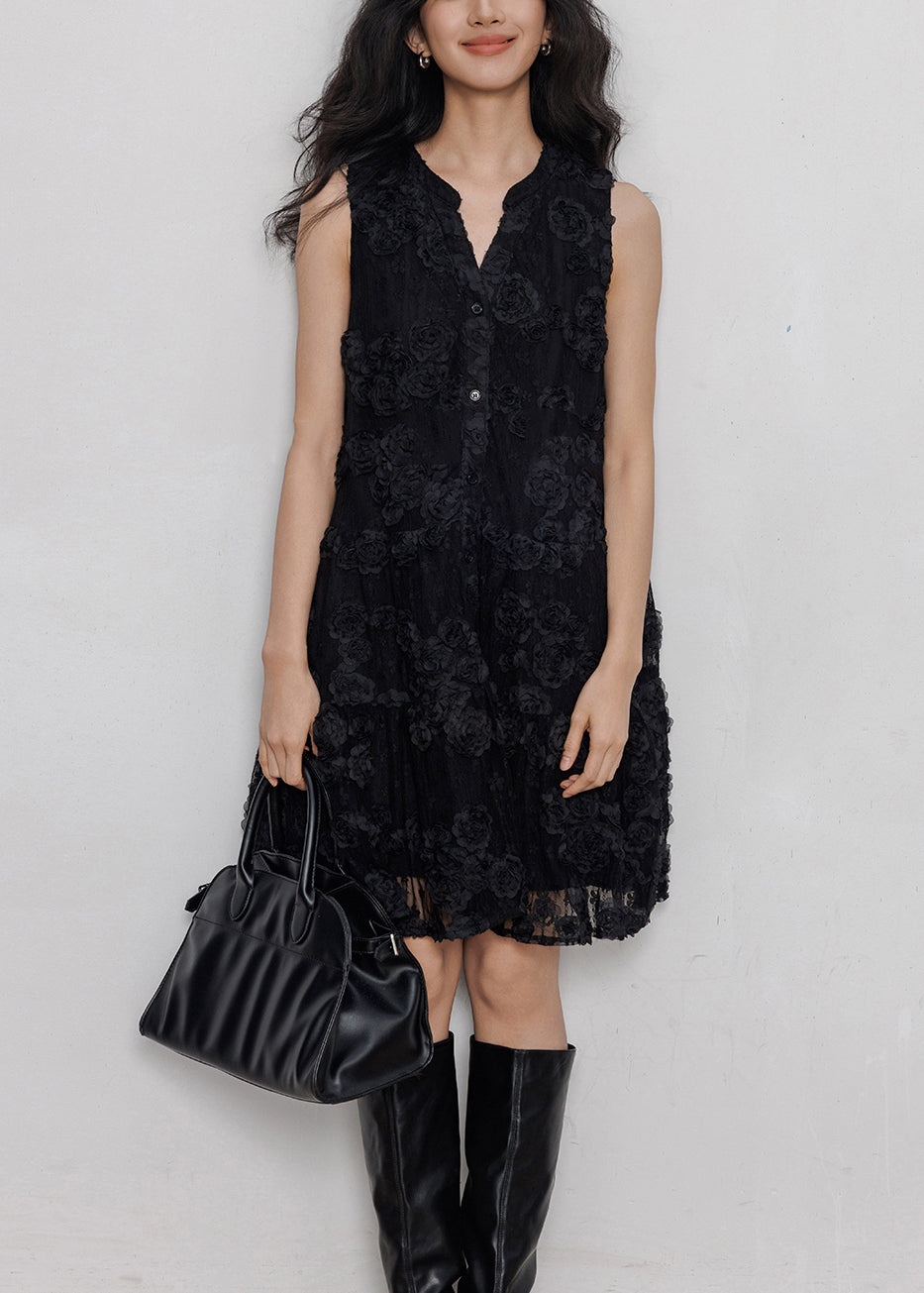 Black Button Hollow Out Lace Mid Dresses Sleeveless