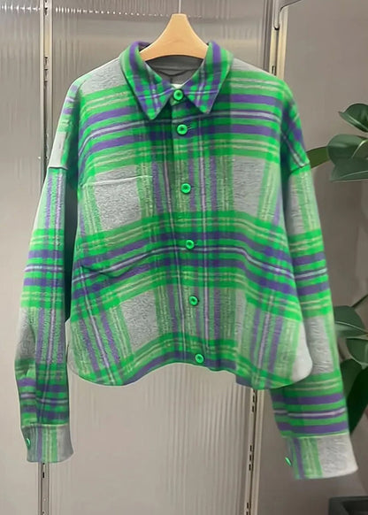 French Green Peter Pan Collar Plaid Button Cotton Shirt Fall