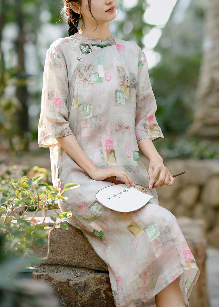 Retro Blue Stand Collar Print Oriental Button Linen Dress Spring