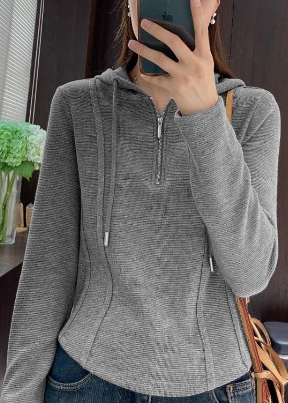 Grey Hooded Zippered Cotton T Shirt Spring