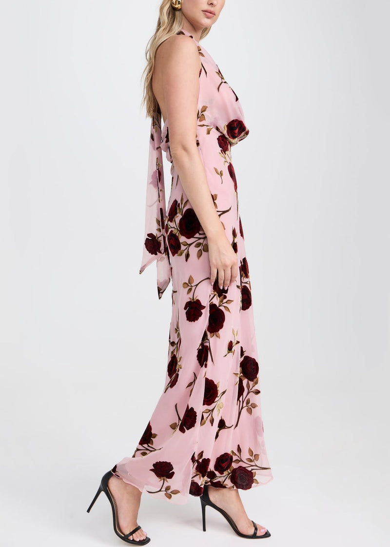 Pink Rose Tulle Backless Halter Dress Sleeveless