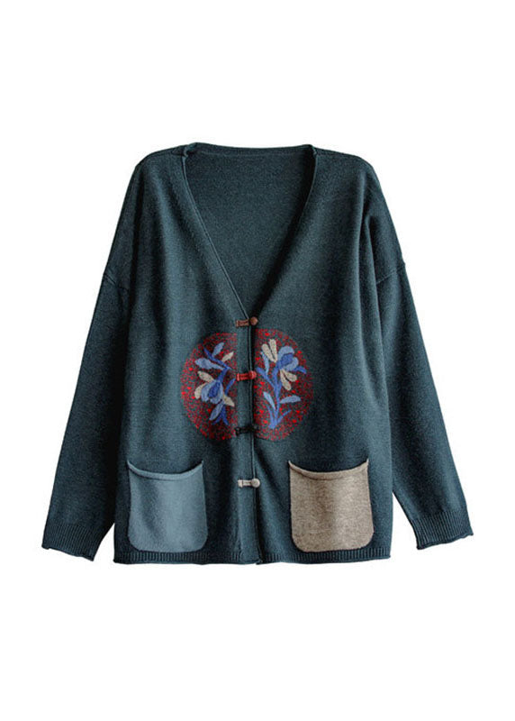 Blackish Green V Neck Patchwork Chinese Button Knit Cardigans Spring