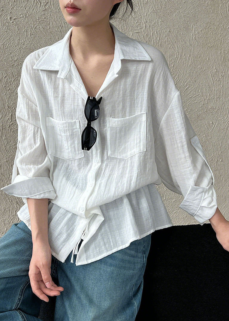 White Cinched Cotton Upf 50+ Blouses Spring