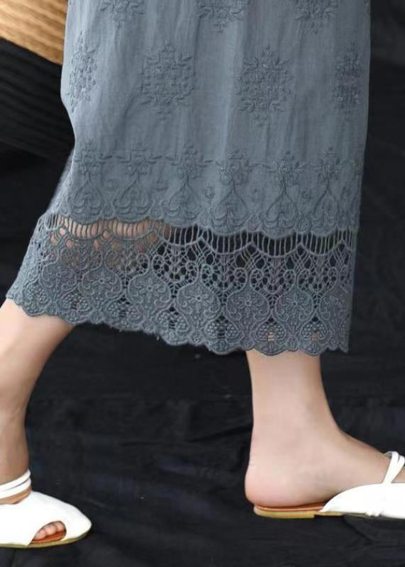 Grey Embroidered Elastic Waist Cotton Crop Pants Summer