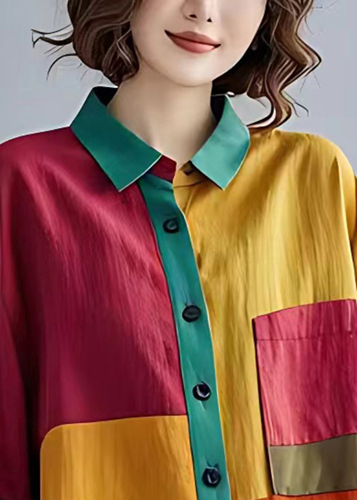Colorblock Peter Pan Collar Patchwork Linen Tops Bracelet Sleeve