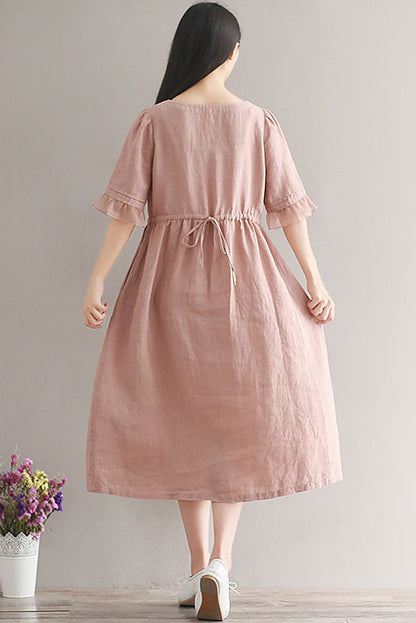 -summer Cotton Linen Dress Short Sleeve Pink Dress