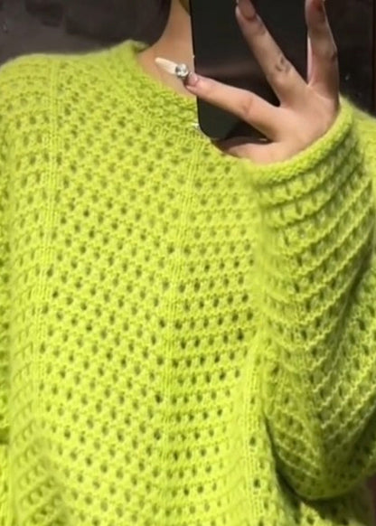 Vogue Green O-neck Hollow Out Cotton Knit Sweater Fall