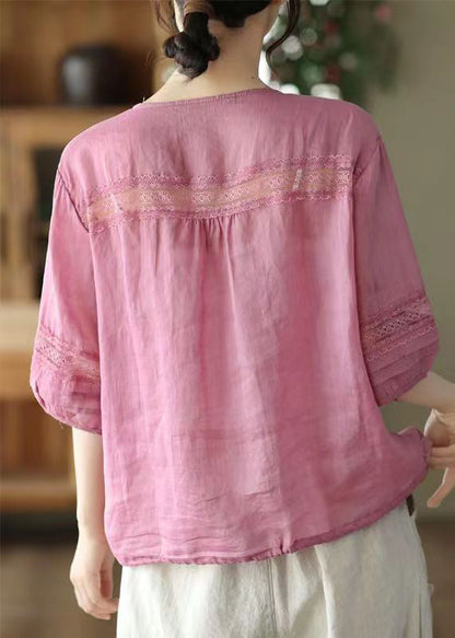 Rose V Neck Wrinkled Patchwork Linen Shirt Top Summer