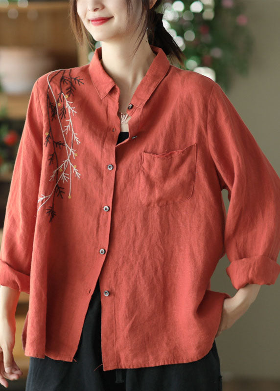 Black Peter Pan Collar Embroidered Linen Blouse Spring
