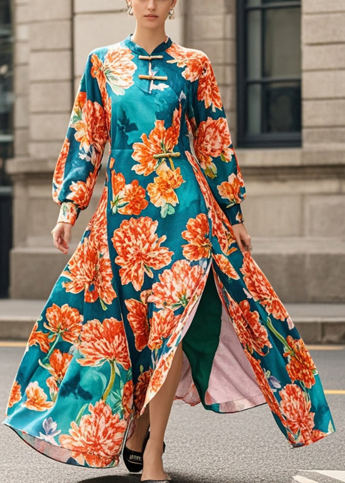 Blackish Green Print Side Open Cheongsam Dress Fall