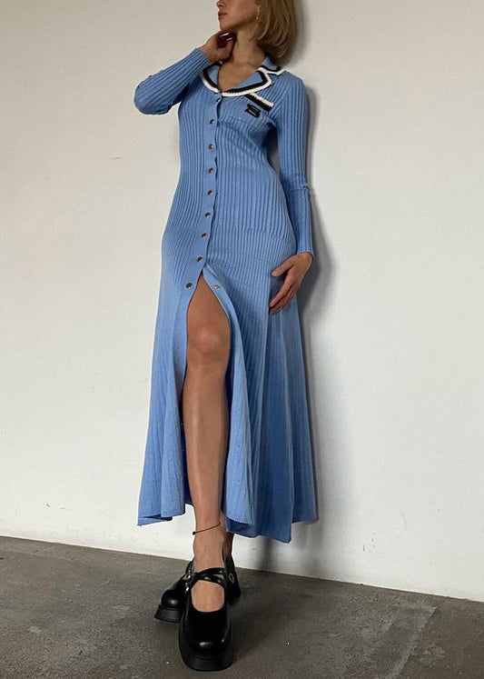 Blue Embroidered Button Slim Fit Knit Dress Fall