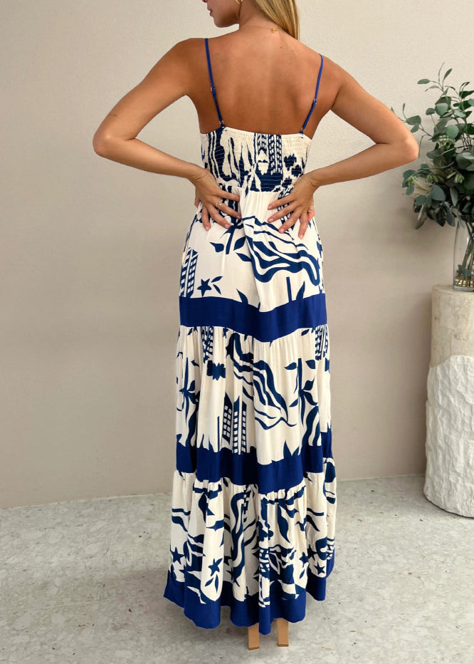 Navy Print Cotton Spaghetti Strap Dresses Summer