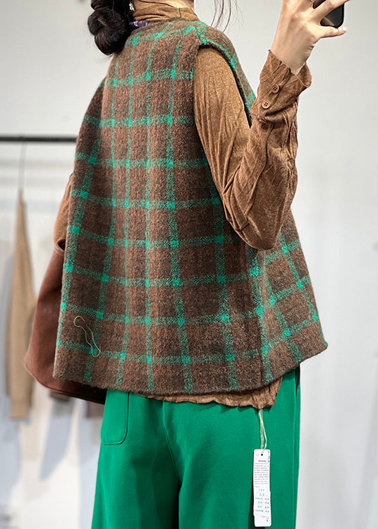 Loose Coffee Green O Neck Plaid Knit Vest Sleeveless