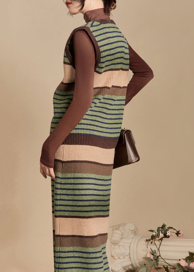 New Green Striped Vest and Skirts Knit Two Pieces Set Sleeveless