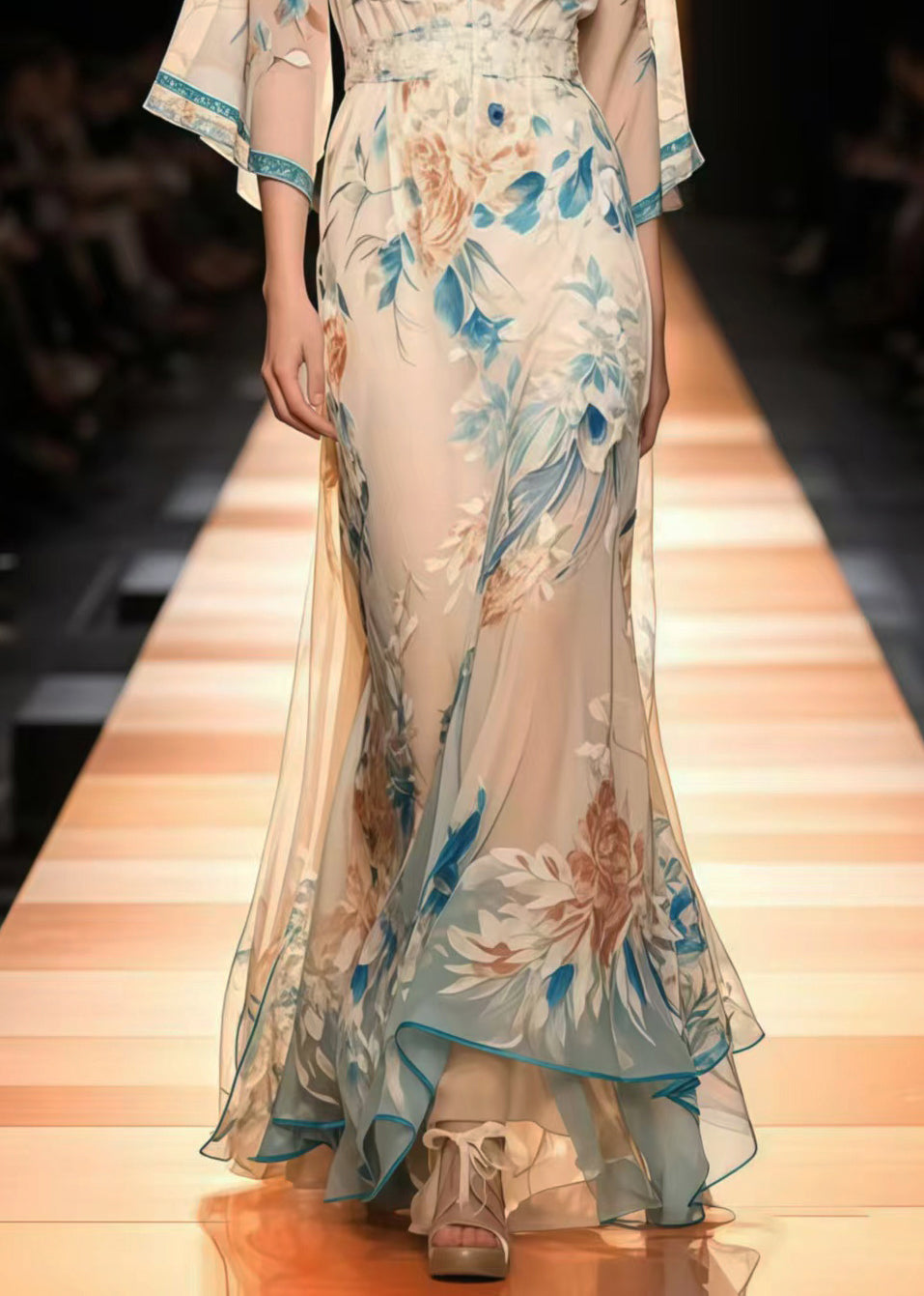 New Retro Apricot Print Chiffon Long Dress Flare Sleeve