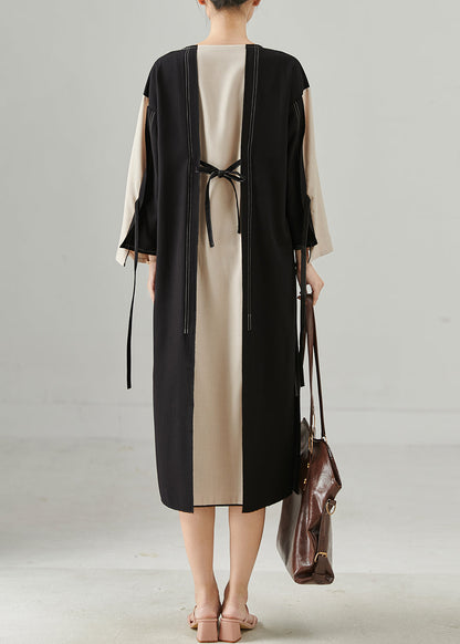 Stylish Colorblock Oversized Patchwork Lace Up Cotton Dress Fall