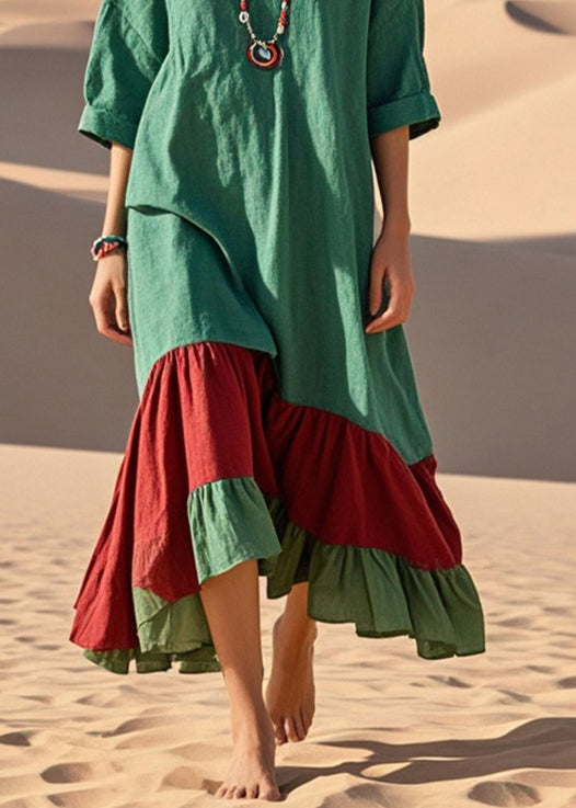 Green Oversized Patchwork Cotton Long Dress Summer