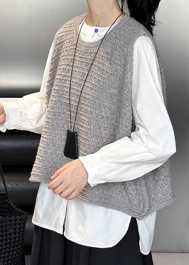 Grey O Neck Hollow Out Knit Vest Sleeveless