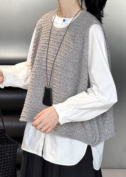 Grey O Neck Hollow Out Knit Vest Sleeveless