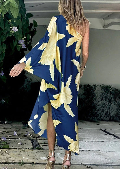 Blue Asymmetrical One Shoulder Print Cotton Dresses Long Sleeve