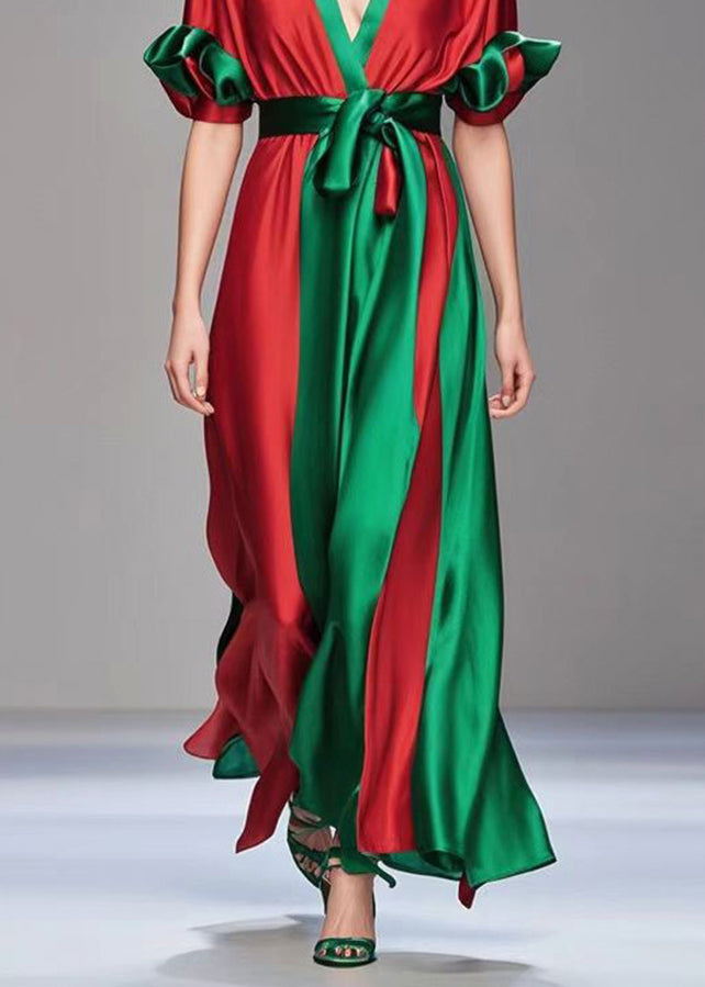 Red Cinched Patchwork Draping Silk Dress Petal Sleeve