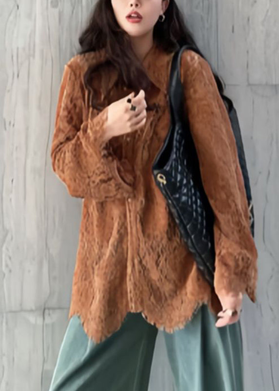 Coffee Peter Pan Collar Button Lace Shirt Flare Sleeve