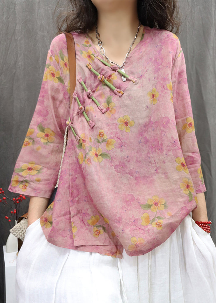 Purple V Neck Chinese Button Linen Shirt Spring