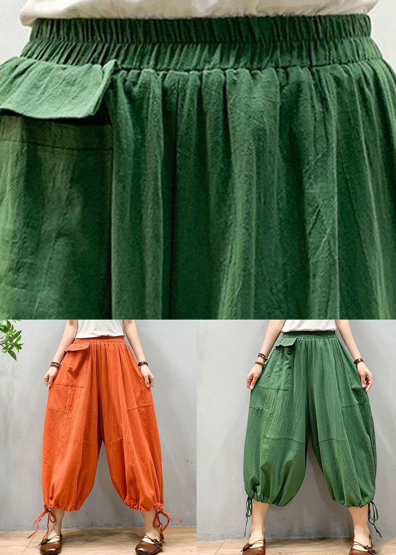 Orange Wrinkled Drawstring Patchwork Linen Lantern Pants Summer