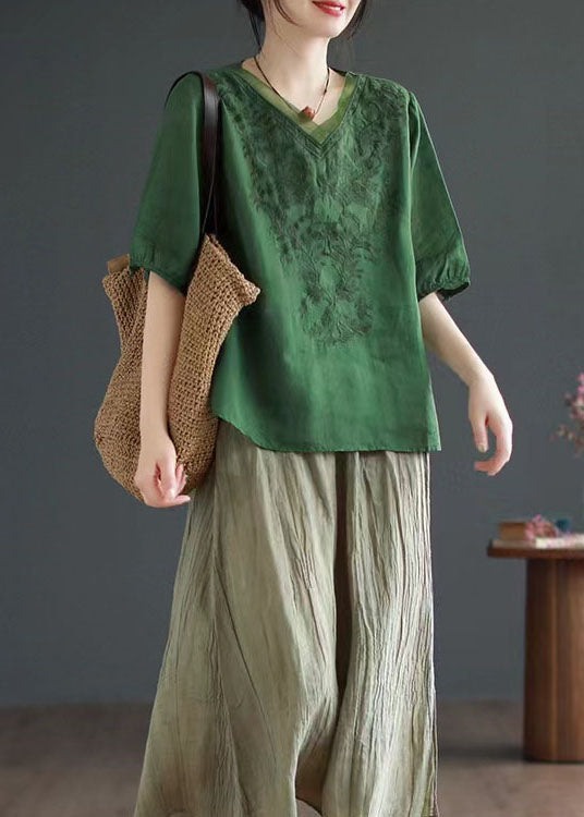 Green Patchwork Linen T Shirt Top V Neck Embroidered Summer