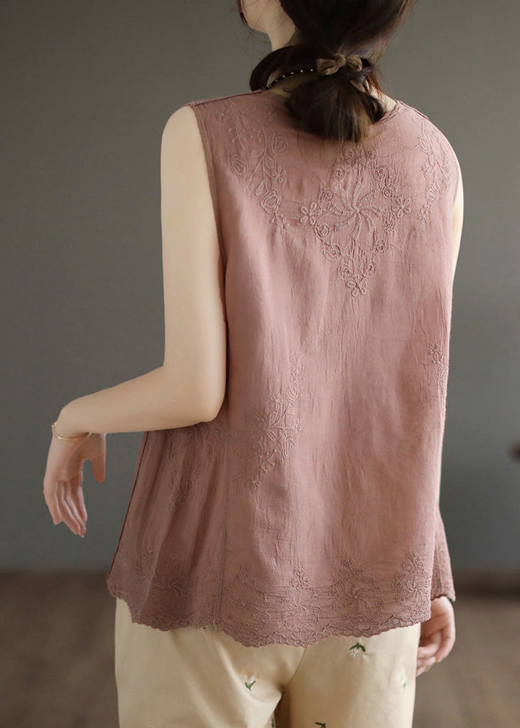 Skin Pink Embroidered Cotton Vest Sleeveless